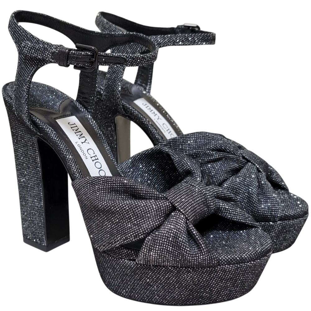 Jimmy Choo Heloise 120 Platform Ankle Strap Sandals EU 35.5 US 5.5 Black Glitter